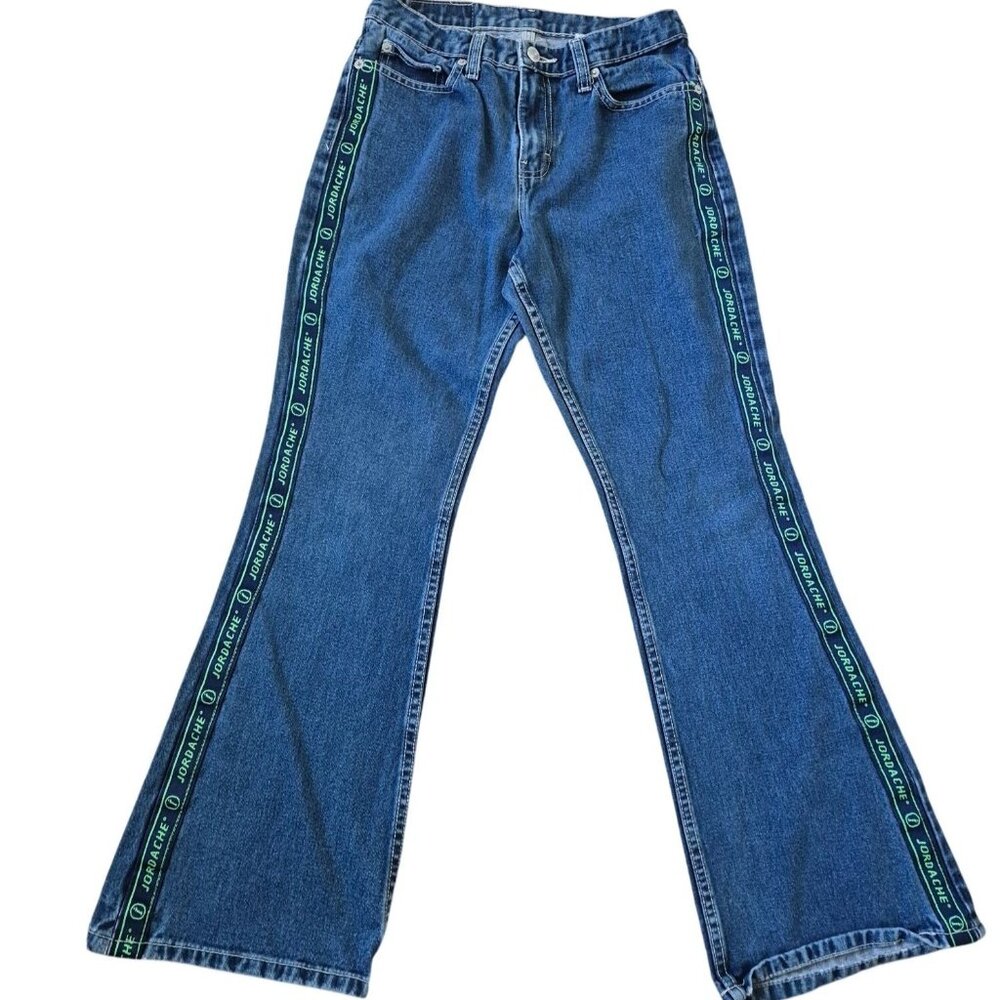 VTG Jordache Women's Juniors Flare Wide Leg Stripping Blue Jeans Size 5/6 Y2K